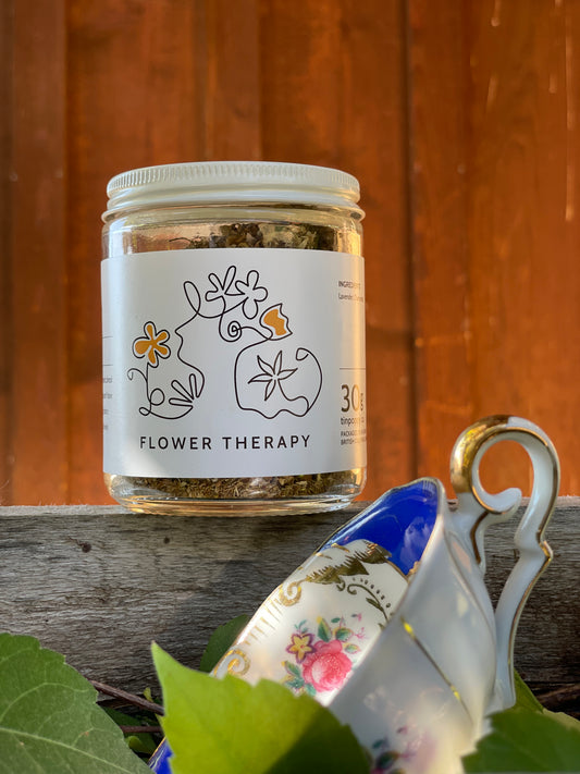 A jar o Flower Therapy Tea from Tin Poppy Retreat