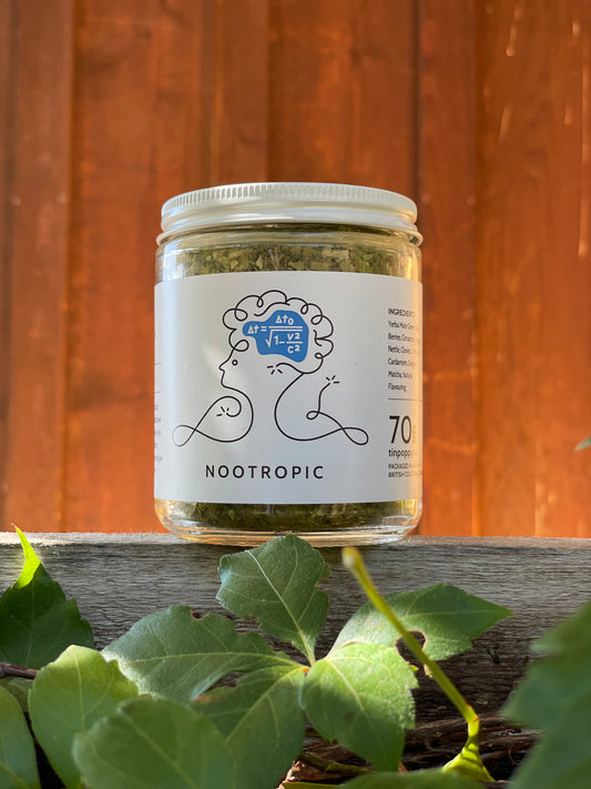 A jar of Nootropic Tea from Tin Poppy Retreat